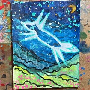 Celestial Night Sky Small Fox mixed media painting